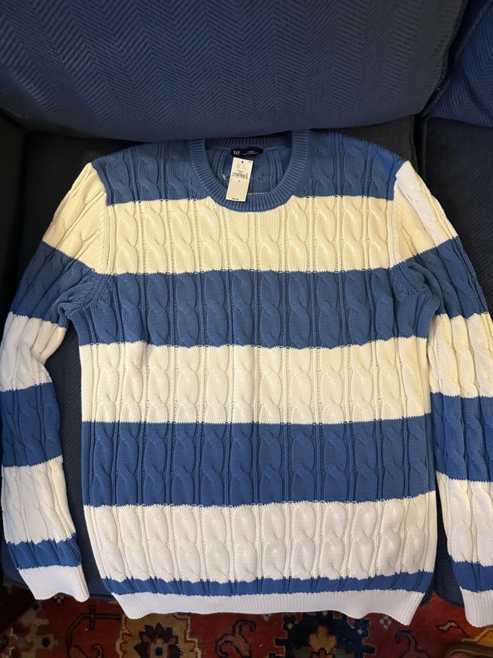 GAP Blue and White Striped Cable-Knit Crewneck Sweater | Small | NWT